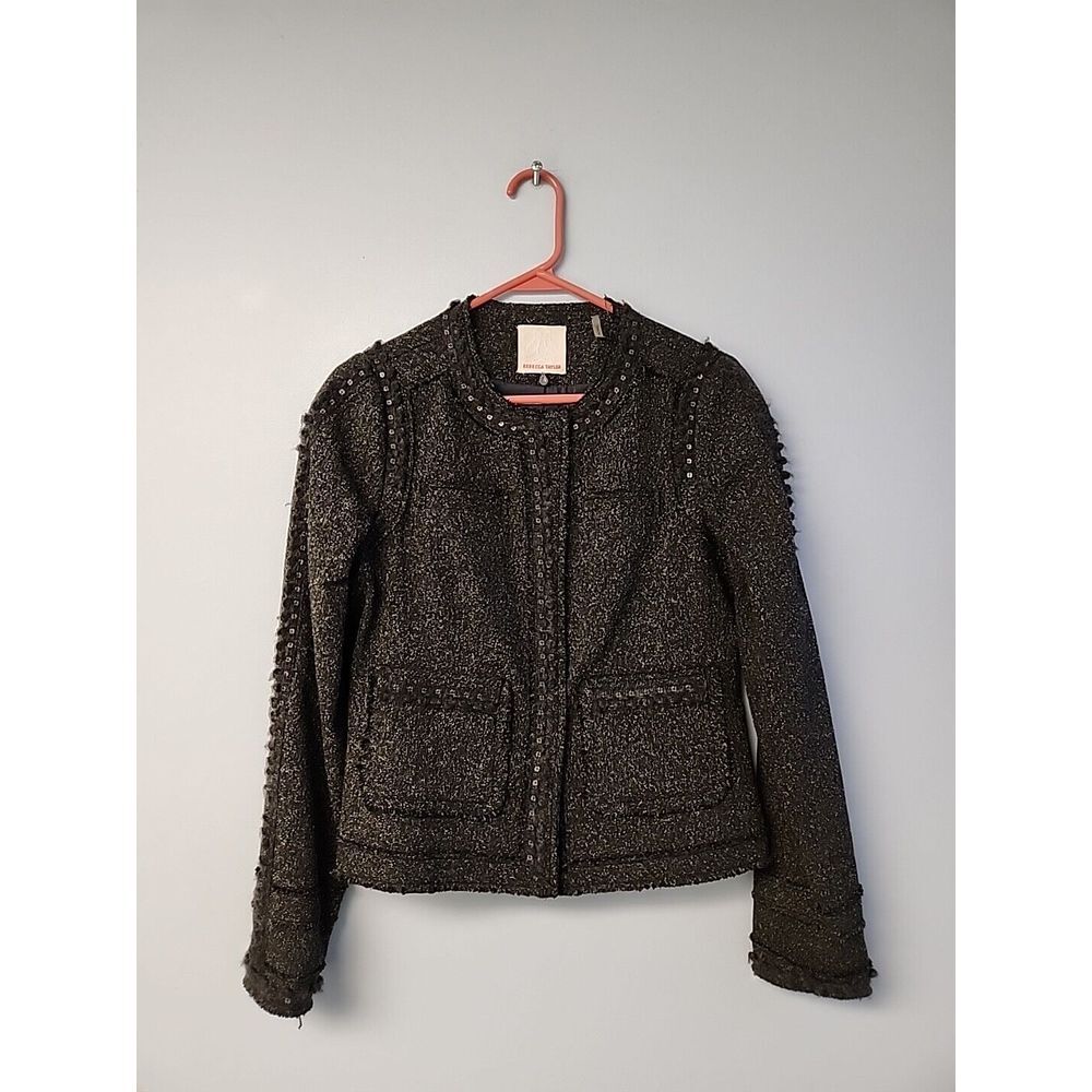 Rebecca Taylor Womens 8‎ Gray Tweed Wool Blend Frayed Sequined Blazer Jacket